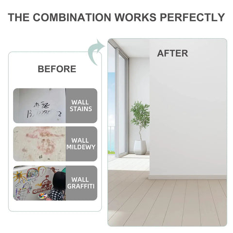 Before and after comparison of a wall repaired with Roll On Spackle Wall Repair Kit With Portable Drywall Tool And Small Roller Brush.