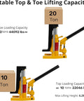 Heavy Duty Hydraulic Toe Jack With Manual Hand Pump And Pneumatic Air Valve For Serious Garage Hustle 20 Ton Capacity shown with 20 ton and 10 ton load capacities.