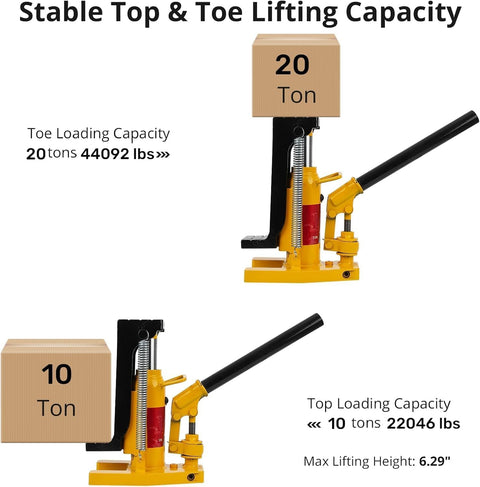 Heavy Duty Hydraulic Toe Jack With Manual Hand Pump And Pneumatic Air Valve For Serious Garage Hustle 20 Ton Capacity shown with 20 ton and 10 ton load capacities.