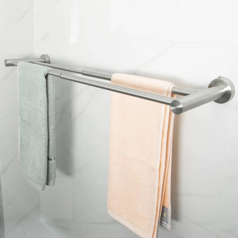 Adjustable Wall Mount Towel Rack Set 15 To 27 Inches Two Pack Stainless Steel SUS304 Brushed Nickel Finish with towels on rack