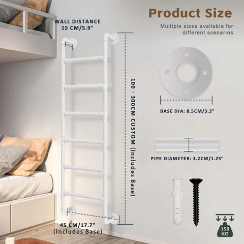 Rock Solid Indoor Bunk Bed Ladder Wall Mounted With Non Slip Round Tube Grip Heavy Duty Metal Loft Bed Access 100-300cm size details.