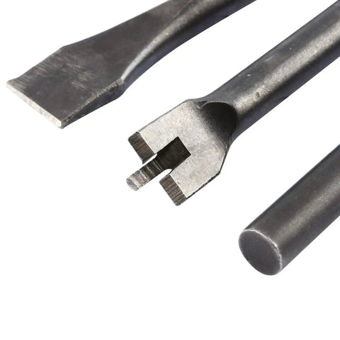 Close-up of 9-Piece Pneumatic Chisel Set For Air Hammer, Punch And Chipping Bits with 0.39 Inch Round Shanks showing three unique shapes.