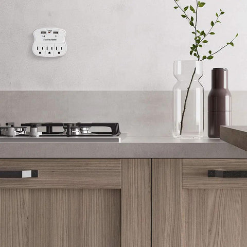 Surge Protector Wall Mount with 3 Outlets and 2 USB Ports, Compact Power Strip shown in a modern kitchen setting