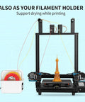 Moisture Busting Filament Dehydrator Dry Box With Upgraded Fan beside 3D printer, supporting filament drying and printing Eiffel Tower model