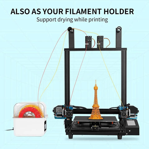 Moisture Busting Filament Dehydrator Dry Box With Upgraded Fan beside 3D printer, supporting filament drying and printing Eiffel Tower model