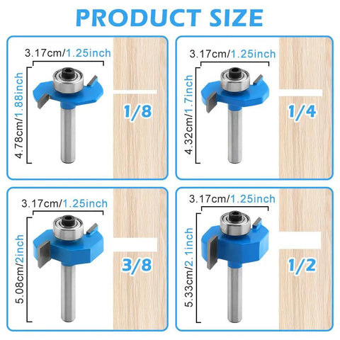 Pro Grade Carbide Rabbet Router Bit Set For Woodworking, 4 Piece T Slot Bits with 1/8, 1/4, 3/8, 1/2 inch sizes displayed.