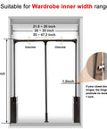 Diagram of retractable pull down closet rod for hanging clothes, showing width range 35 to 47.2 inches, aluminum tubing, 44 lb rating.