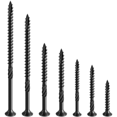 Assorted black deck screws showcasing Size Ten 3.5 Inch Black Deck Screws For Exterior Wood, Rust Resistant Epoxy Coated, 117 Pieces (2 Lb)