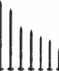 Various sizes of black screws arranged in a row, featuring Three Inch Size Ten Black Deck Screws, 137 Pieces, 2 Lb Box, Exterior Wood Screws.