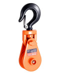 Heavy Duty Snatch Block With Swivel Hook For Towing And Recovery Two Ton Capacity Three Inch Pulley Three Eighth Inch Wire Rope Four Thousand Four Hundred Lb Working Load Ten Thousand Lb Break Strength Beefy For Tow Jobs And Off Road Recovery, orange and black