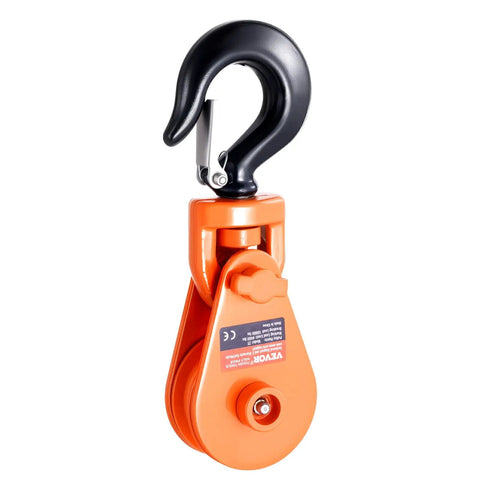 Heavy Duty Snatch Block With Swivel Hook For Towing And Recovery Two Ton Capacity Three Inch Pulley Three Eighth Inch Wire Rope Four Thousand Four Hundred Lb Working Load Ten Thousand Lb Break Strength Beefy For Tow Jobs And Off Road Recovery, orange and black