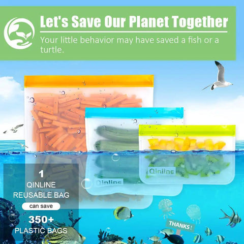 10 Pack Reusable Storage Bags BPA Free Freezer Bags Set Includes 2 Gallon Bags 4 Sandwich Bags 4 Thick Snack Bags Leakproof Food Grade PEVA Ideal For Food Prep Marinating Lunch Fruit Meat Cereal submerged with ocean background and fish visible