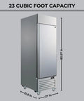 Professional Grade Heavy Duty Commercial Freezer And Refrigerator Featuring Zero Frost Frost Free Design Sleek Stainless Steel Build Built Tough For Restaurants Cafes And Retail Shops 23 Cubic Feet Capacity side view with dimensions.