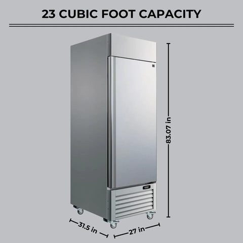 Professional Grade Heavy Duty Commercial Freezer And Refrigerator Featuring Zero Frost Frost Free Design Sleek Stainless Steel Build Built Tough For Restaurants Cafes And Retail Shops 23 Cubic Feet Capacity side view with dimensions.