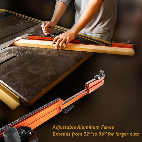 Next Level Miter Gauge with 22-to-36-Inch Extension Fence and 27 Positive Angle Stops for precise angled cuts.