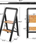 Ultra Lightweight Aluminum 2 Step Folding Step Stool With Handle Compact 8 Pound Ladder In Black And Brown Classic Wood Look No Wood Rot Easy Carry Space Saving Home And Garage Use, dimensions shown