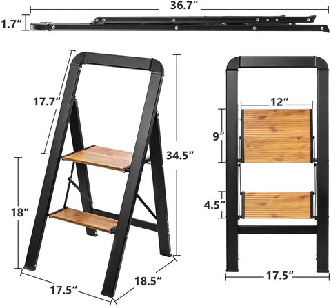 Ultra Lightweight Aluminum 2 Step Folding Step Stool With Handle Compact 8 Pound Ladder In Black And Brown Classic Wood Look No Wood Rot Easy Carry Space Saving Home And Garage Use, dimensions shown