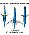 Levi Morgan Series 2-Blade Mechanical Broadheads 100 Grain Expandable With 2.0 Inch Cut in blue, three angle view