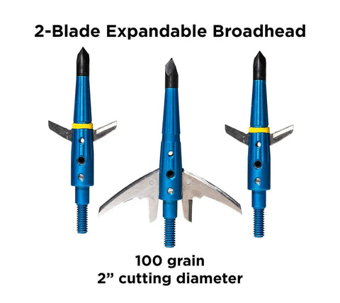 Levi Morgan Series 2-Blade Mechanical Broadheads 100 Grain Expandable With 2.0 Inch Cut in blue, three angle view