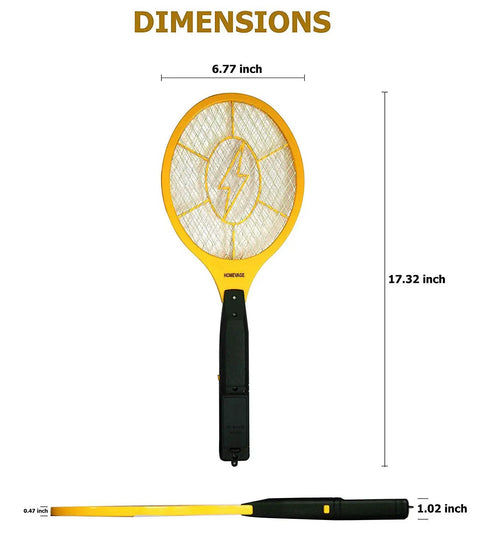 Powerful Handheld Bug Zapper For Home And Outdoors, Go To Electric Mosquito Killer Racket For Indoor Camping Travel And Yard, Safe 3 Layer Grid, Wasp Fruit Fly Gnat Eliminator, Includes 2 AA Batteries with 17.32 inch length and 6.77 inch width.