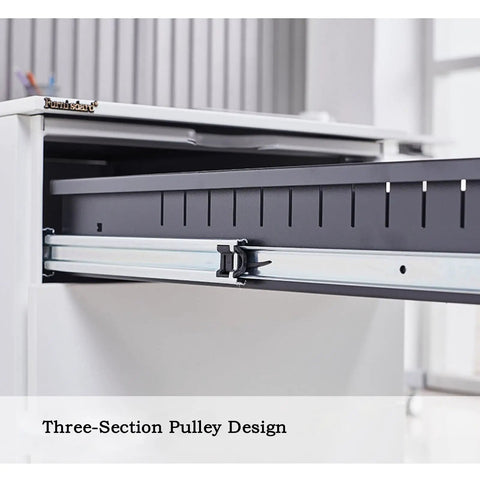 Steel Mobile File Cabinet With 3 Lockable Drawers showing three-section pulley design for easy roll secure storage