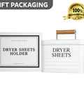 Modern Farmhouse Metal Laundry Dryer Sheets Holder With Lid Easy Grab Dispenser No Fuss Space Saving Organizer For Laundry Room Decor White Finish Set Kit, showcasing gift packaging and wooden handle.