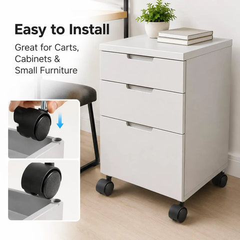Four Pack Threaded Stem Caster Wheels With 360 Degree Swivel Twin Rollers And No Brakes Nylon Replacement Casters For Office Chairs Carts And Cabinets Swivels Smooth As Butter installed on a white cabinet.