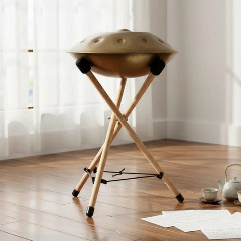 Heavy Duty Beech Wood Drum Rack With Tripod Legs And Adjustable Rope Mount For Steel Drums Folds Flat For Tour Ready Travel Hella Stable Pro Vibe With Thick Sponge Padding Large in a cozy room.