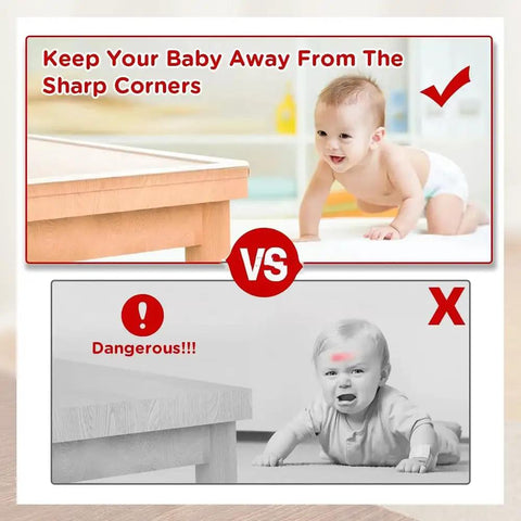 Baby crawling near table corner with clear edge protector strip for baby proofing 32.8ft thick soft corner guards for furniture kid safe bumper