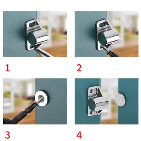 Installation process of Magnetic Door Catch Set Heavy Duty Zinc Alloy Cabinet Latch with screws in 4 steps on a door.