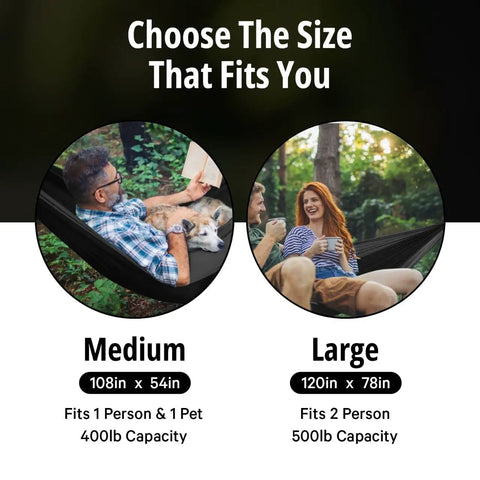Durable Nylon Camping Hammock For Outdoors, Ultra Portable Tree Hammock, Single Or Double Size, showing medium and large size options.