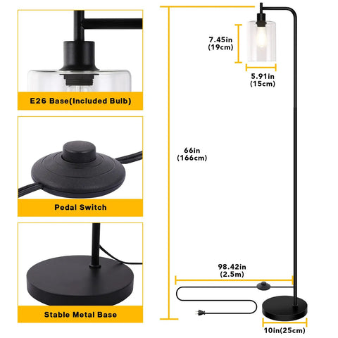 Lit Industrial Floor Lamp In Black And Gold With Clear Glass Shade Dimmable Modern Standing Lamp Remote And Foot Control 6W LED Edison Bulb Bright Corner Light For Living Room Bedroom And Office showing dimensions, glass shade, base, and pedal switch.