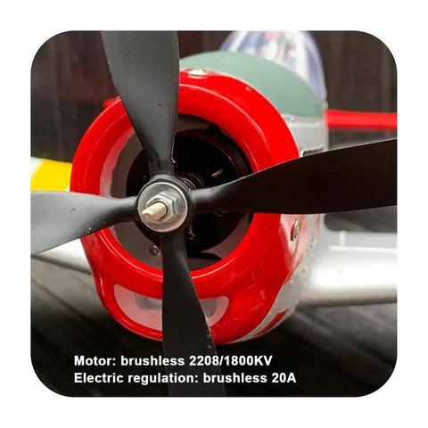 Close-up of Extra Large 29.5 Inch P51 Mustang Remote Control Combat Aircraft motor and propeller detailed view