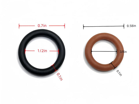 1/4 And 3/8 Inch Quick Disconnect O-Ring Set For Pressure Washers, 30 Pack In Red And Black, Includes 15 Orange 1/4 In QD O-Rings And 15 Black 3/8 In QD O-Rings, M22 Quick Connect Compatible, close-up view of black and orange O-rings with measurements.