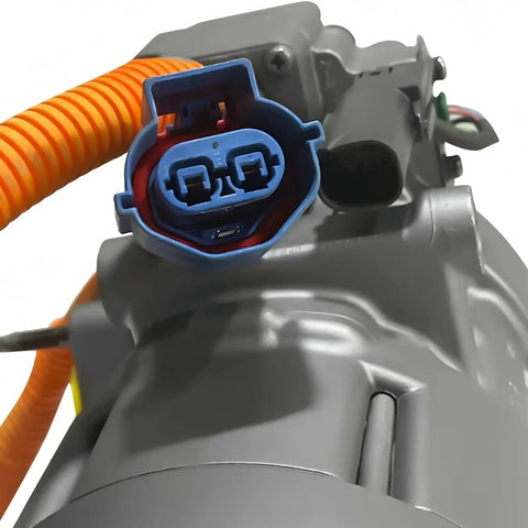 Close-up of Precision Engineered Heavy Duty Auto AC Compressor compatible with Tesla Model X 2016-2020 showing electrical connector.