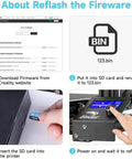 Instructions for updating firmware on Ender 3D printer, showing steps on website, SD card insertion, and printer interface.