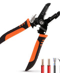 All-In-One Wire Stripper Tool 5 In 1 Pro Grade Pliers with orange grips, displaying cutting, stripping, and crimping function for 10-20 AWG wires.