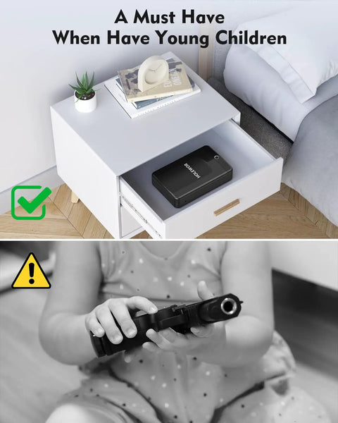 Compact Biometric Gun Safe For Handgun With Quick Access Fingerprint Lock in nightstand drawer, warning sign shown below