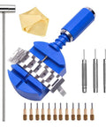Pro Grade Watch Band Link Removal Tool Kit With 12 Replacement Pins And 3 Pin Punches And 1 Head Hammer For Easy Watch Bracelet Adjustment.