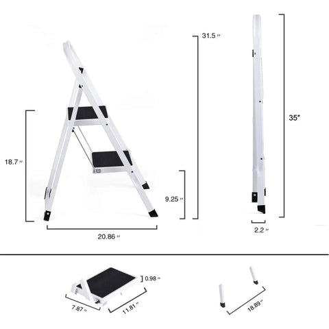 Heavy Duty Steel 2 Step Stool Ladder With Grab Handle Portable Folding Step Ladder Anti Slip Wide Pedal dimensions illustration