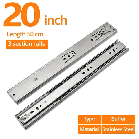 Full Extension Drawer Slides Stainless Steel Soft Close Three Section Drawer Rails For Cabinets 20 Inch 50 Cm