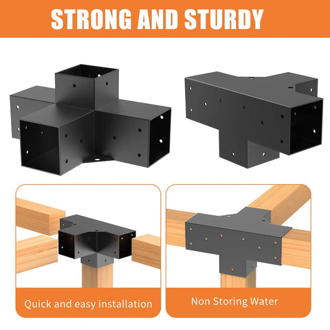 4-Way Right Angle Pergola Brackets for 3.5x3.5 Inch Lumber, Heavy-Duty Steel Corner Brackets for DIY Gazebo and Deck Supports, 2 Pack With Screws, Rust-Resistant Finish, Easy Install