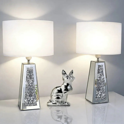 Pair of LED mirrored table lamps with heart shaped crystal diamond silver base and beige linen rectangular shade, 24.4 inch height