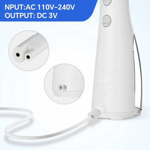 Replacement 3V 2 Prong Charger Power Cord For Waterpik Cordless Water Flosser with plug and close-up of input ports