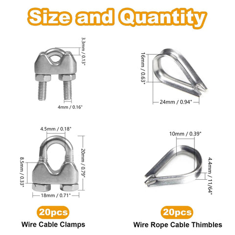 M3 Wire Rope Clamp And Thimble Kit For One Eighth Inch Steel Cable 304 Stainless Steel Rigging Accessories with dimensions
