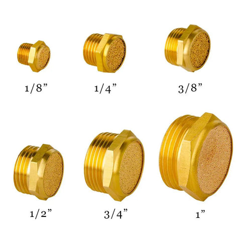 Assorted sizes of brass air exhaust mufflers, includes Pneumatic Muffler Silencer 1/4 Inch Male Thread Brass Air Exhaust Bronze Sintered Mufflers Pack Of 10 For Cylinders And Solenoids With High Noise Reduction And Easy To Install, lined up in a semicircle.
