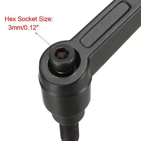 Slick Quick Release Clamping Levers With Adjustable Push Button Ratchets And M6 By 16mm Male Threads For Rock Solid Fastening In Matte Black four pack showing hex socket size of 3mm.