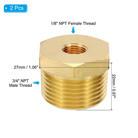 Brass hex bushing reducer, 2 pcs, 1/8 NPT female to 3/4 NPT male, pipe fitting