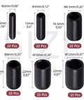 DIY Ready Flexible Rubber End Caps Set Of 60 Pieces To Protect Screw Threads For Metal Tubes Bolts And Rods In Six Sizes 2mm 3mm 6.5mm 8mm 10mm 12mm shown in various sizes with dimensions