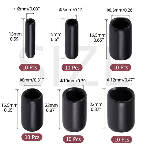 DIY Ready Flexible Rubber End Caps Set Of 60 Pieces To Protect Screw Threads For Metal Tubes Bolts And Rods In Six Sizes 2mm 3mm 6.5mm 8mm 10mm 12mm shown in various sizes with dimensions